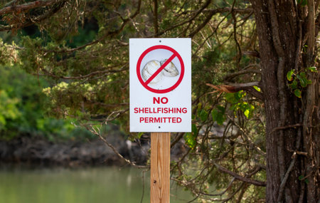 A no shellfishing sign in front of a body of water.