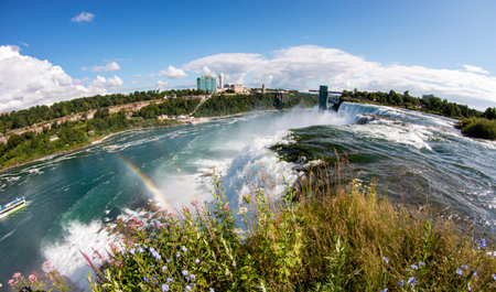Fisheye view of water cascades down Niagara Falls, creating a vibrant rainbow under a clear blue sky.の写真素材