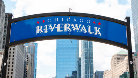 Explore the lively Chicago Riverwalk showcasing urban landscapes and a bustling atmosphere.の写真素材