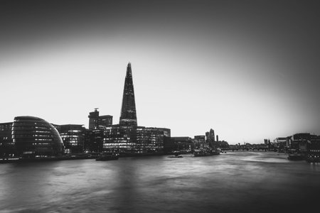 Black and white view of London Bridge and the river Thames from the perspective of Tower Bridgeの写真素材