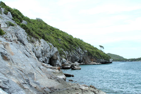 Seaside cliffs island Ko Sichang in Thailandの写真素材