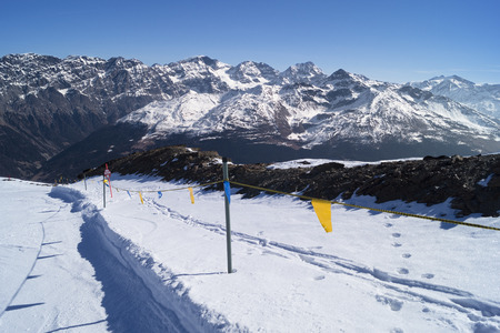 Mountain top panorama view from ski slope, located in Bormio, Italyの写真素材