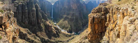 Panorama of the Maletsunyane Falls and large canyon in the mountainous highlands near Semonkong, Lesotho, Africaの写真素材