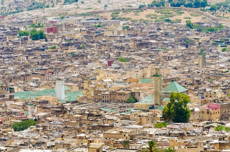 Aerial view of historical Moroccan Arabic town Fez with its city wall and soukhsの写真素材