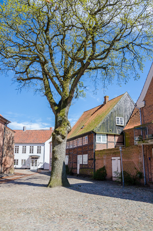 Historical red brick buildings in small Danish town Tonder during early spring, Denmark, Europeのeditorial素材