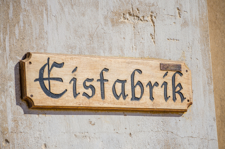 Wooden Eisfabrik or ice factory sign at ghost town Kolmanskop near Luderitz, Namibia, Southern Africaのeditorial素材