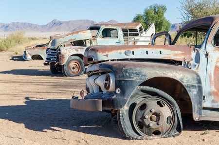 Abandoned classic cars in Namib desert near Solitaire, Namibiaの写真素材