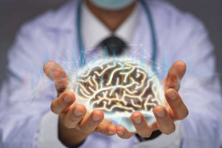 Doctor with stethoscope holding the brain on his hands, active brain waves and networkingの写真素材
