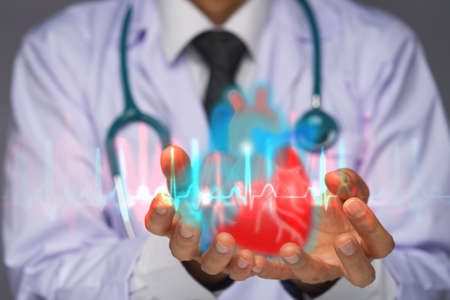 Doctor has stethoscope holding red heart on his hands, electrocardiography, modern heart careの写真素材
