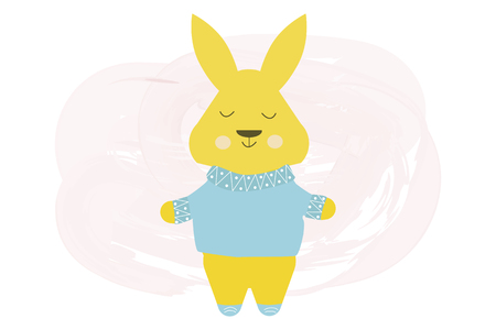 Happy cute rabbit in blue sweater - vector cartoon illustrationのイラスト素材