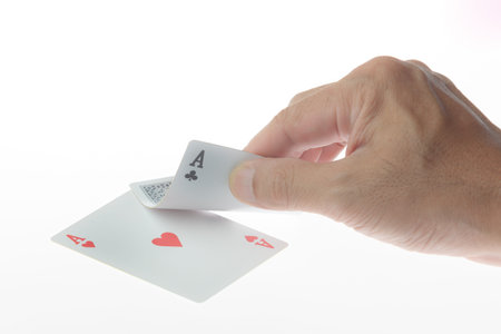 Man hand opening card on white background