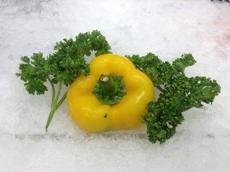 Yellow chili display on ice trayの素材