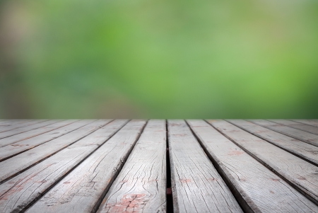 Tile of wood point out to green gardenの写真素材