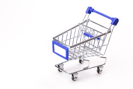 Blue shopping cart model on white background, leave space for textの写真素材