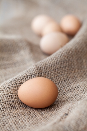 Eggs lay on sackcloth, selected focusの写真素材