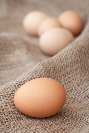 Eggs lay on sackcloth, selected focusの写真素材