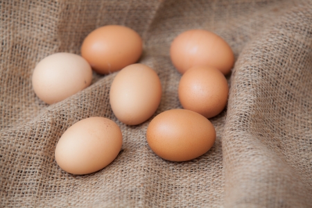 Eggs lay on sackcloth, selected focusの写真素材