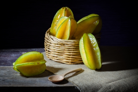 Basket of Star fruits display on wooden tableの写真素材