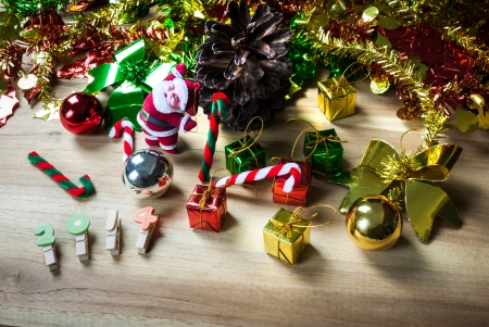 Christmas decoration on wooden table, still lifeの写真素材