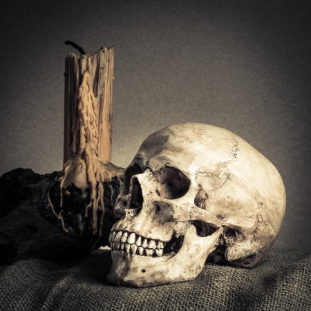 Still life with skull near old book and yellow candle on the logの写真素材