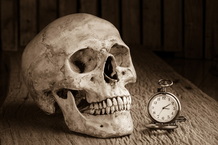 Still life with human skull with pocket watchの写真素材