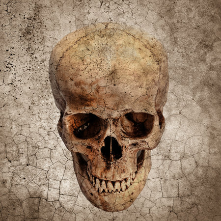 Human skull on grunge cracked backgroundの写真素材
