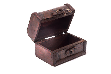 Small vintage wooden box open on isolated white backgroundの写真素材