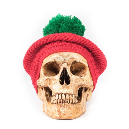 Human skull wear Chrismas hat isolated on white backgroundの写真素材