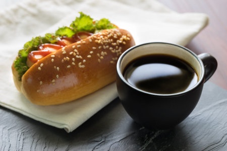 Breakfast with hot coffee cup on the black rock texture backgroundの写真素材
