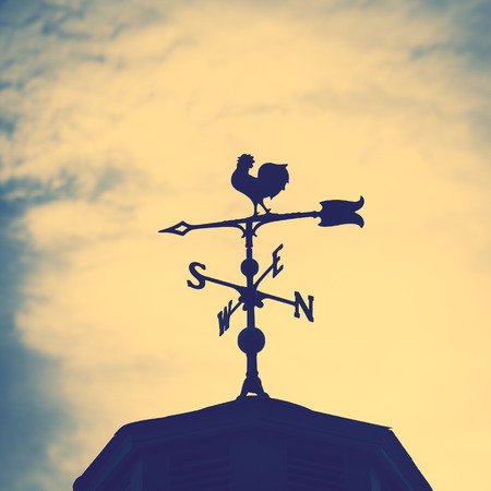 Rooster weather vane on a rooftop with an arrow and North-South pointer to show the direction of the wind against a hazy blue sky, vintage styleの写真素材