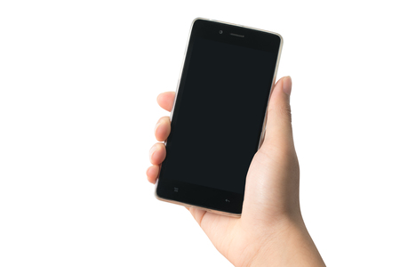 Close up hand of man holding smartphone isolated on white background, included clipping pathの写真素材