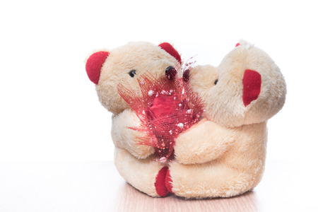 Couple of bear toy with rose flowers in their hands, concept for valentine's dayの写真素材