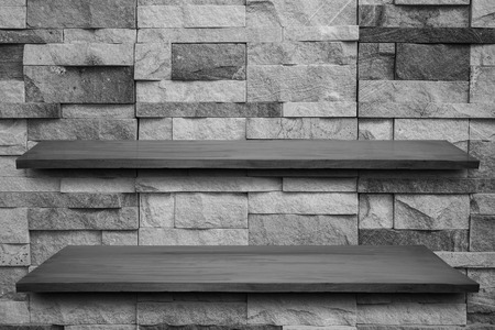 Double empty top of wooden table or counter on wall background. For product displayの写真素材