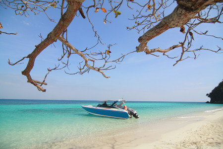 Clear water and white sand beach in daytime , Thailand.の写真素材