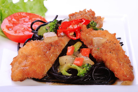 seafood meal of fish,shrimp,squid on dishの写真素材