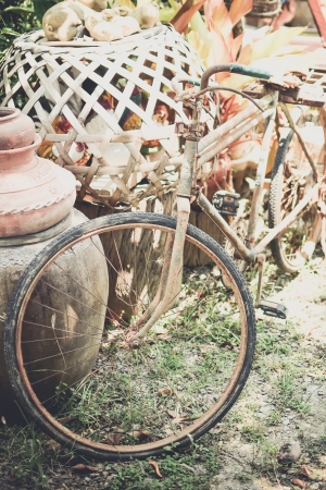 Old bicycle with retro jar decorate in gardenの写真素材