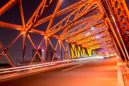 Night traffic lights inside of the Garden Bridge of shanghai chinaの写真素材