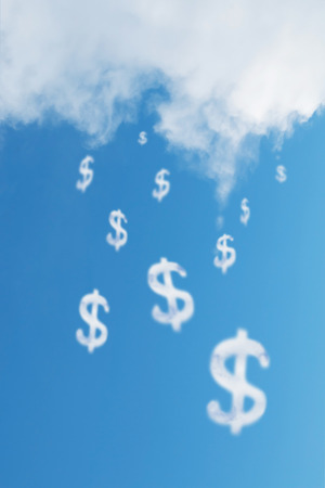 Cloud dollars sign falls from the sky の写真素材