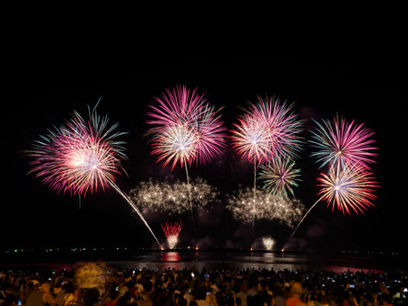 Real fireworks celebration at night background.