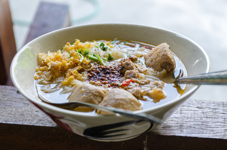 Thai Noodles With garlic and pork spicy hotの写真素材