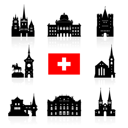 Switzerland Travel Landmarks icon set. Vector and Illustrationのイラスト素材