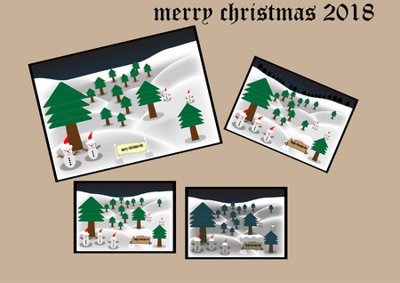 Merry Christmas 2018 with pictures of Christmas trees on snowy mountains, vector illustration.のイラスト素材