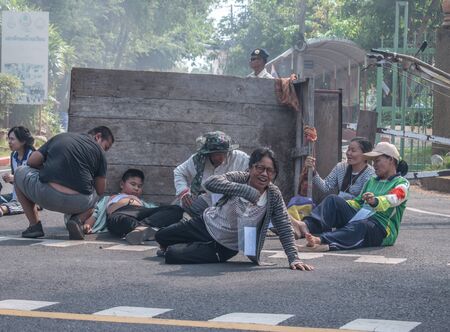 PHANA, AMNAT CHAROEN, THAILAND. - on April 3 , 2018 - Songkran festival accidental encounter plan was trained. Agriculture truck crashed together with motorcycle.8 agriculture passengers pained and wait for first aiding and take them to hospitalのeditorial素材