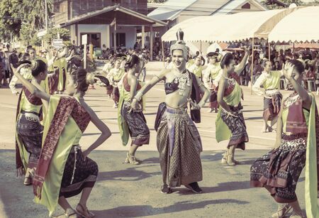 Bun Bang Fai (Rocket Festival), Dance to ask for rain water from the sky. Amnat Charoen, THAILAND, MAY 2018のeditorial素材