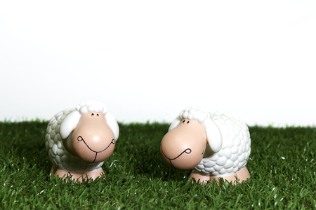 sheep toy on artificial grassの写真素材