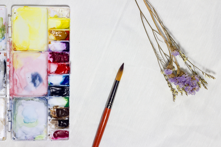 palette color with paintbrush and flower statice on white curtain  backgroundの写真素材