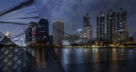 double exposure industrial concept with city at night, Bangkok Thailandのeditorial素材