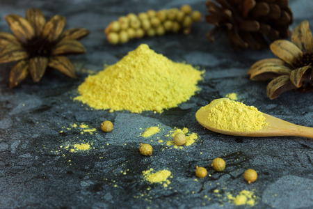 yellow herb powder with spoon on gray marble tableの写真素材