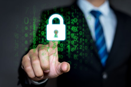 Businessman pressing lock icon with binary code, cyber security concept.	