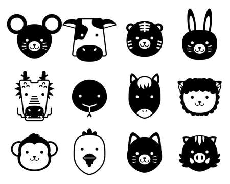 Animal Silhouette Icon. Face icon. Zodiac animals. Icon set.のイラスト素材